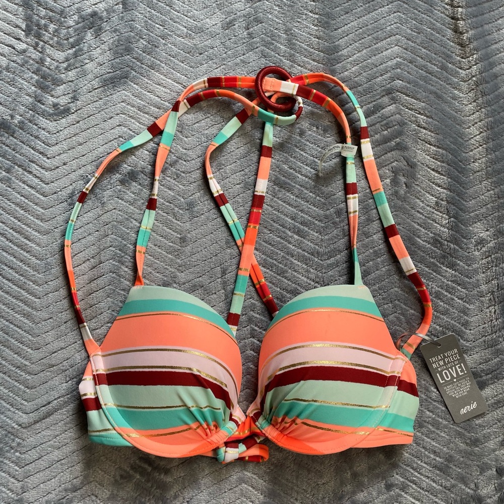 NWT Aerie Perkier Push-Up Stripe Strappy Swim Bikini Top 34A